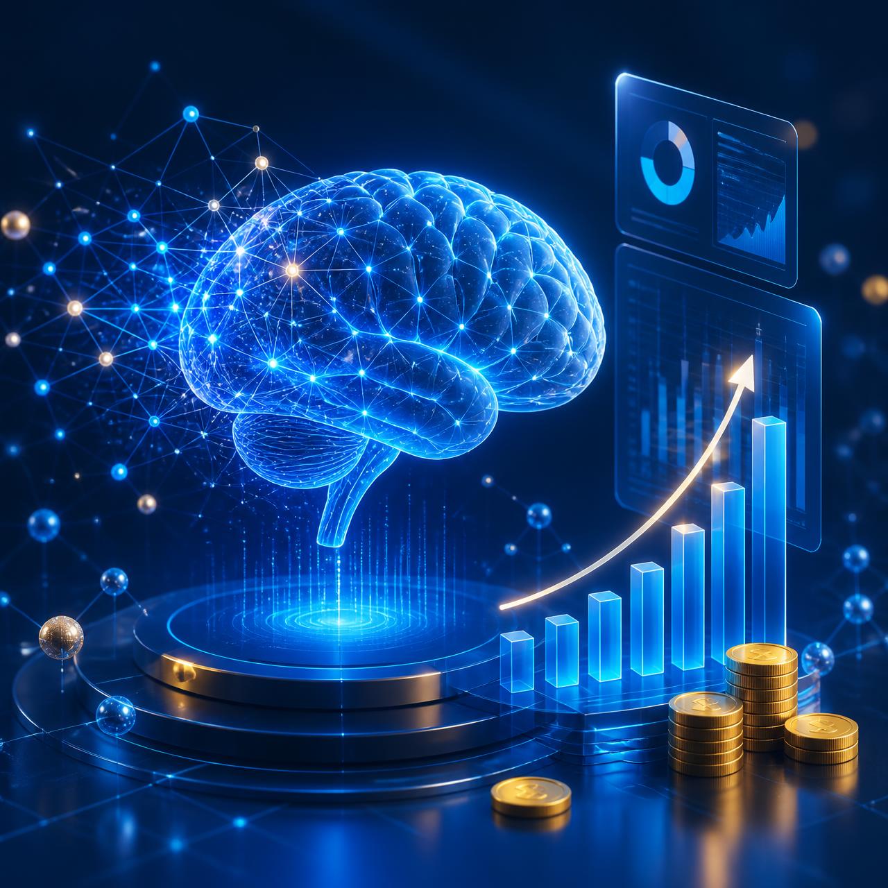 Ilustração de inteligência artificial com cérebro digital, gráficos de crescimento e moedas
